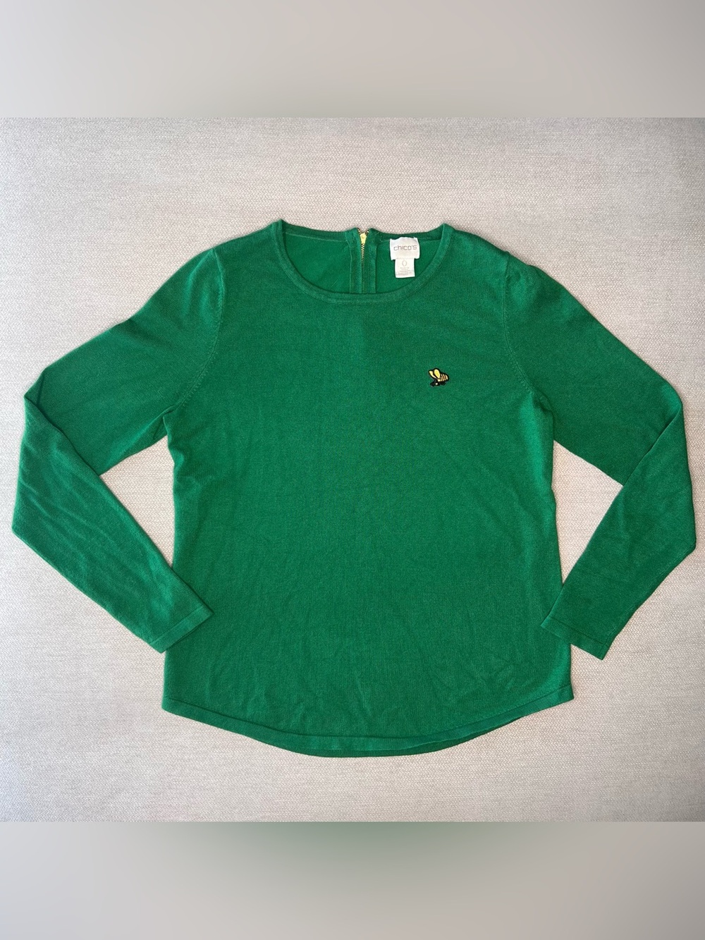 Chico's Green Long-Sleeve Sweater with Embroidered Bee